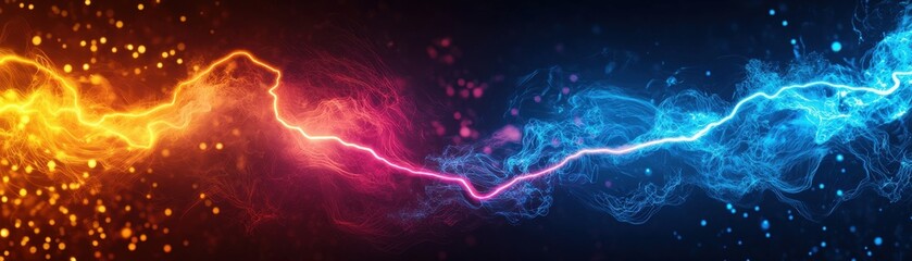 Poster - Vivid depiction of blue and orange energy currents colliding with vibrant sparks and smoke on a dark background, symbolizing energy and power.