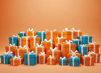 Leinwandbilder - A collection of gift boxes in various sizes and colors, including orange, blue, and turquoise, are arranged in a visually appealing manner against a peach-colored background