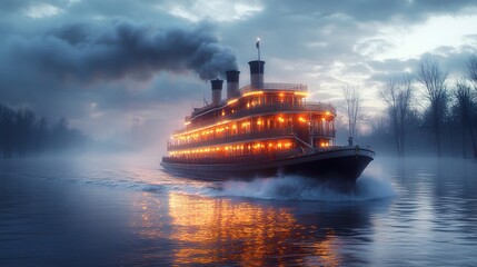 Canvas Print - Vintage Riverboat Cruising Through Foggy Sunset