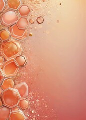 Poster - a vibrant abstract composition of hexagonal shapes in shades of orange and pink, with a subtle gradient effect and scattered bubbles, creating a dynamic and visually