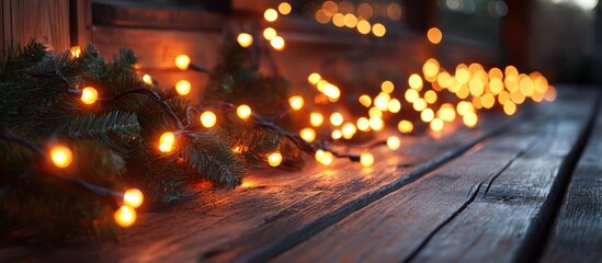 Sticker - Twinkling fairy lights on a wooden surface.