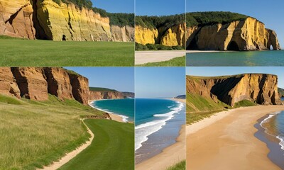 Poster - A collage of six s depicting various coastal landscapes, including cliffs, grassy fields, sandy beaches, and turquoise waters