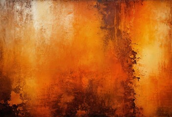 Poster - an abstract painting with a textured orange and brown color palette, featuring a mix of brushstrokes and splatters