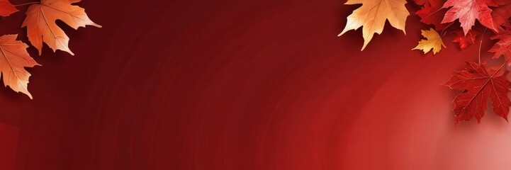 Poster - a vibrant red background with a gradient of orange and yellow autumn leaves scattered across it, creating a warm and inviting atmosphere