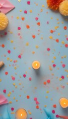 Fototapete - A vibrant arrangement of confetti, candles, and flowers on a light blue background, creating a festive and celebratory atmosphere.