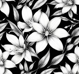 Poster - A monochromatic illustration of a floral pattern featuring large white flowers with delicate petals and leaves against a black background.