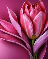 Poster - A close-up vibrant pink tulip with delicate petals and a green stem against a deep pink background