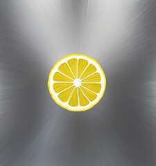 Fototapete - A vibrant lemon slice is centered against a metallic background, creating a striking visual contrast