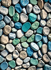 Aufkleber - A close-up view collection of variously colored and textured stones arranged in a grid-like pattern against a dark background
