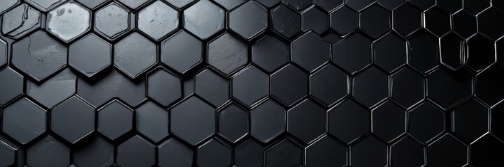 Poster - A close-up view dark, textured surface composed of numerous hexagonal tiles arranged in a repeating pattern, creating a visually striking and geometric design