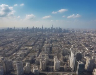 Poster - An aerial view densely populated city skyline, with numerous tall buildings and skyscrapers stretching out towards the horizon under a clear blue sky with scattered clouds