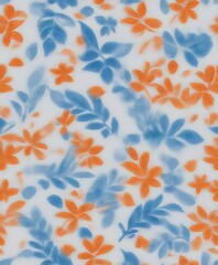 Poster - a repeating pattern of orange and blue flowers and leaves on a white background.