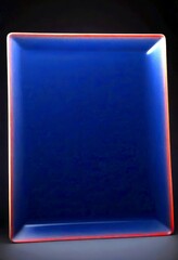 Poster - A square ceramic plate with a dark blue background and a red border, set against a black background