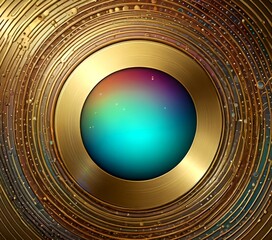 Aufkleber - a circular gold-colored object with a gradient of colors, surrounded by a pattern of gold lines and small gold dots