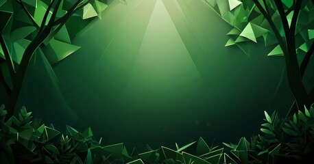 Poster - a digital illustration of a forest scene, featuring a dense collection of green triangular shapes that form a natural border around the image. The background is a gradient