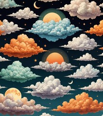 Aufkleber - a digital illustration featuring a night sky with fluffy clouds in various shades of orange, white, and blue, along with a crescent moon and stars