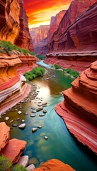 Aufkleber - A breathtaking canyon scene at sunset, with a winding river reflecting the vibrant colors of the sky and surrounding rock formations