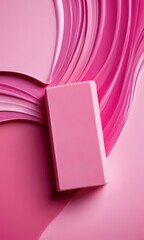 Aufkleber - A pink rectangular soap rests on a pink abstract background, with curved lines and swirls creating a dynamic and visually appealing composition