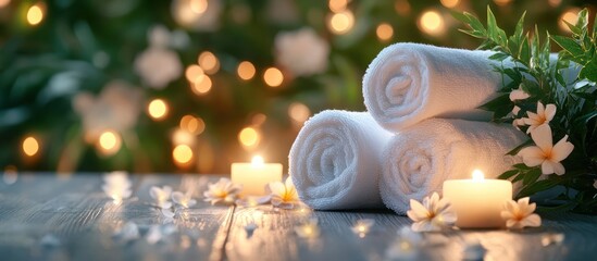 Sticker - Rolled white towels with white candles and flowers on a wooden table with a blurred bokeh background.