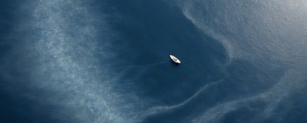 Poster - A small white boat floats in the middle vast, deep blue ocean, surrounded by a light blue-green wave pattern