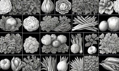 Poster - a monochrome illustration featuring a grid of sixteen distinct vegetable illustrations, including artichokes, asparagus, celery, parsley, and more, all set against