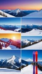 Poster - A collage of nine s depicting various snow-covered mountain landscapes at different times of the day, with skis in the foreground