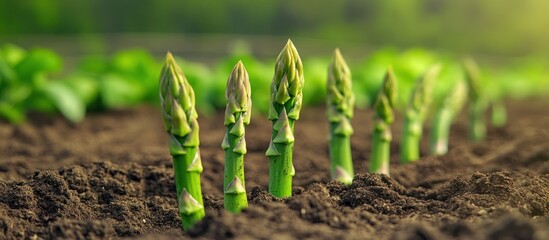 Poster - Young asparagus shoots growing in the soil.