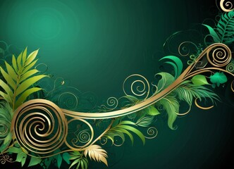 Poster - a vibrant, abstract design with a dark green background and a central motif of swirling, golden shapes and leaves
