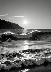 Poster - A black and white photograph serene ocean scene, featuring a large wave crashing onto the shore and a bright sun peeking through the clouds