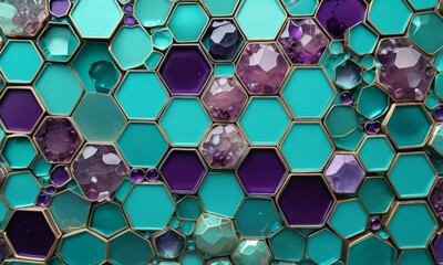 Fototapete - A close-up view mosaic pattern composed of hexagonal tiles in shades of blue, purple, and green, with small purple and green stones scattered throughout