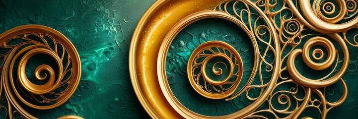 Poster - a close-up view golden spiral design on a dark green background The spiral design is composed of multiple concentric circles, each with a unique spiral pattern The