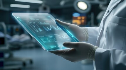 Poster - A medical professional analyzes data on a futuristic tablet in a healthcare setting.