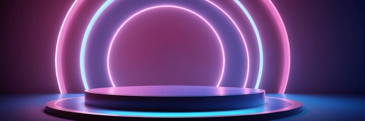 Poster - A circular podium with a black top sits in the center dark room, surrounded by a gradient of pink and blue neon lights