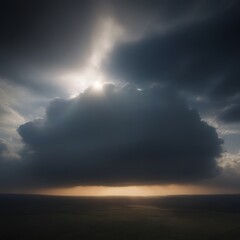 Poster - A dramatic sky with dark clouds and a bright sun peeking through, casting an orange glow over a vast, open landscape