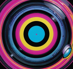 Poster - a vibrant abstract composition of concentric circles in various colors, including pink, blue, yellow, and black, creating a visually striking and dynamic pattern