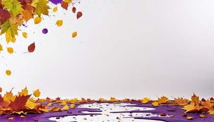 Poster - Autumn leaves in various shades of orange, yellow, and red fall from the sky, creating a vibrant and dynamic scene against a white background.