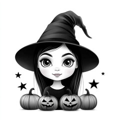 halloween witch with pumpkin wearing black hat and orange costume flying on broom at night