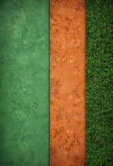 Poster - a triptych of textured surfaces, with the left side displaying a greenish-blue color, the middle section showcasing a warm orange hue, and the right side featuring a vibrant
