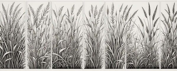 Leinwandbilder - A monochrome illustration of tall grasses, composed of six panels, with a subtle gradient effect