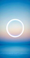 Poster - A large, glowing white circle floats above a calm body of water, with a gradient sky transitioning from light blue to pink and orange at the horizon