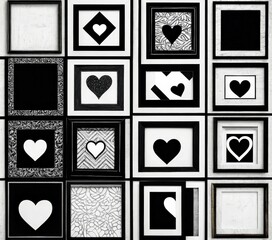 Leinwandbilder - A grid of 16 black and white framed artworks, each containing a heart symbol, arranged in a 4x4 pattern