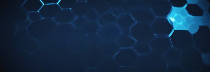 Poster - a dark blue background with a pattern of hexagonal shapes, creating a sense of depth and complexity The hexagons are illuminated by a blue light, adding a dynamic element to