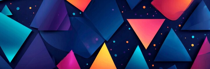 Poster - a vibrant abstract composition of overlapping triangles in various shades of blue, pink, and orange, set against a dark background with scattered dots