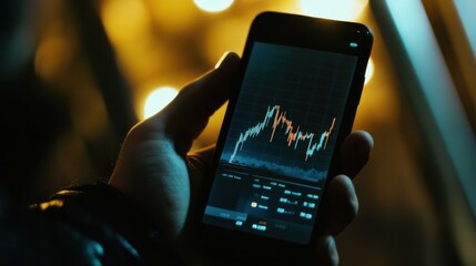 Poster - A hand holding a smartphone displaying a financial chart with data trends.
