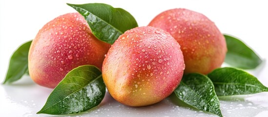 Three red and yellow peaches with water droplets and green leaves on white background.