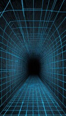 Poster - A long, dark tunnel with a grid-like pattern of blue lines on the walls and floor, creating a sense of depth and perspective