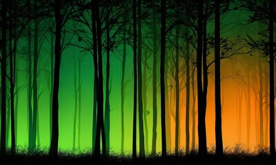 Poster - A dense forest with tall trees and a glowing green and orange sky in the background
