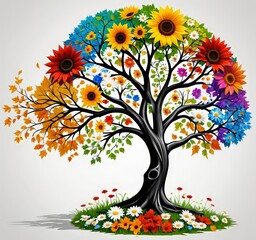 Poster - A vibrant tree with a trunk and branches, adorned with a variety of flowers in different colors, set against a white background
