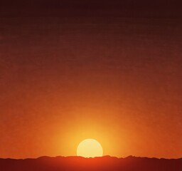 Poster - A digital illustration of a sunset over a mountainous landscape, with a warm orange and yellow gradient sky.