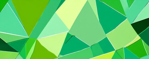 Poster - a vibrant abstract composition of overlapping triangular shapes in various shades of green, ranging from light to dark, creating a dynamic and visually